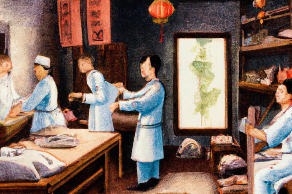 A imagem mostra um grupo de pessoas na antiga China praticando medicina tradicional. Alguns indivíduos seguram ferramentas lisas e planas e as raspam suavemente contra a pele de outros em um movimento repetitivo. A cena é ambientada em uma sala com pouca luz, com lanternas de papel penduradas acima e prateleiras com vários ervas e remédios ao fundo.